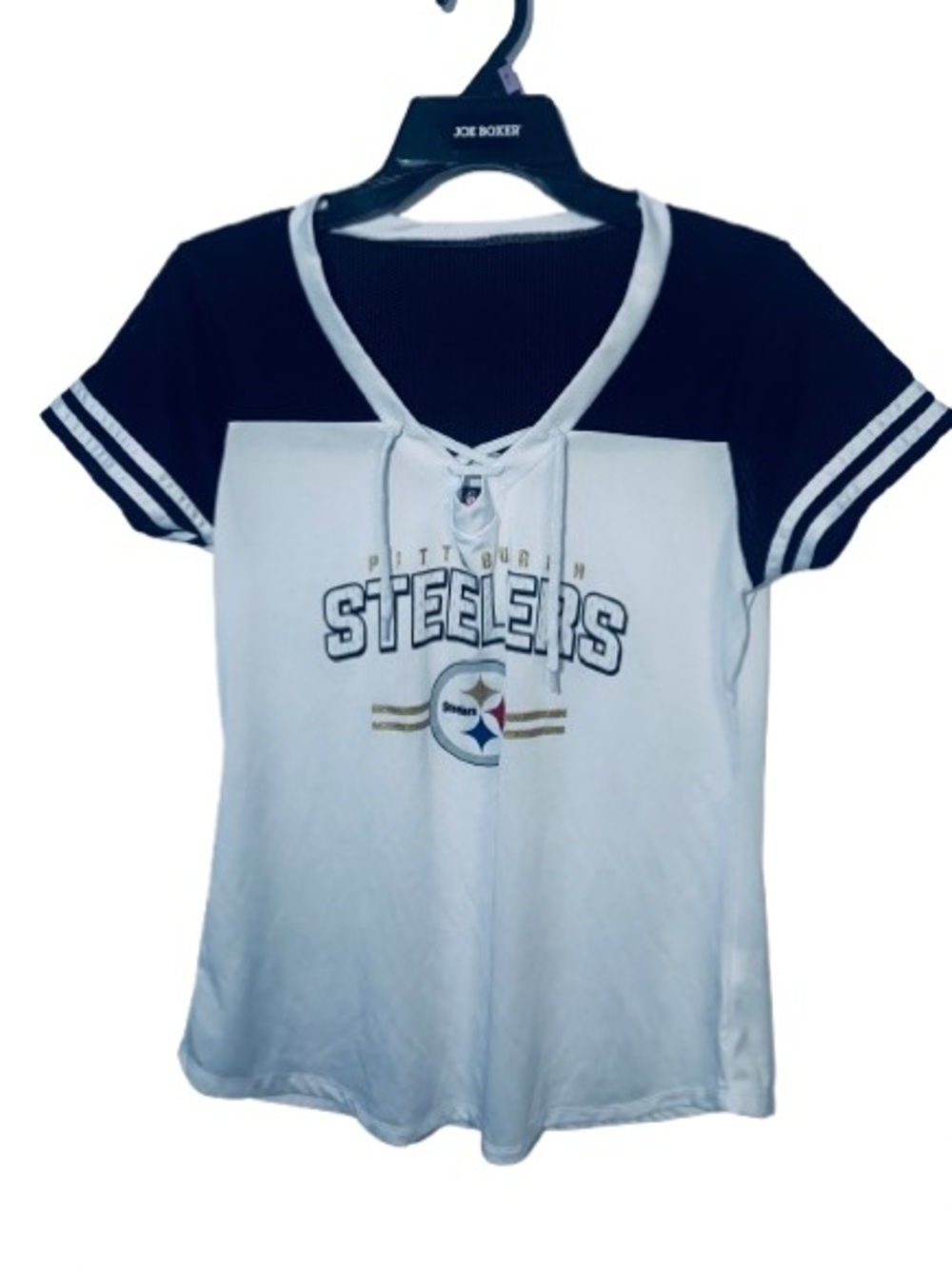 Women’s Pittsburgh Steelers Lace-Up V-Neck Fan Tee - White and Black